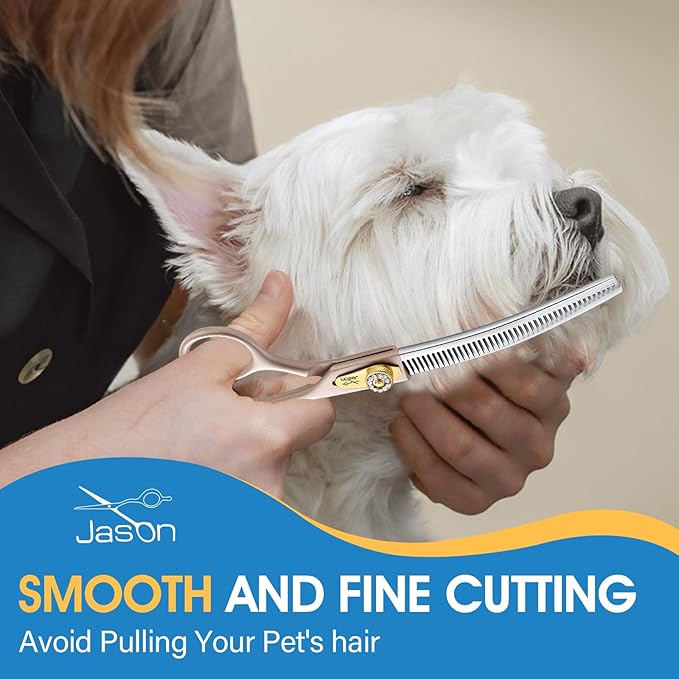 JASON Updated Curved Thinning Shears - 7” Professional Dog Grooming Scissors, 440C Stainless Steel, Adjustable Screws, 20%-25% Thinning Rate