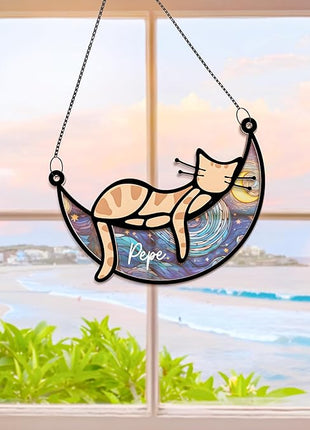 Cat Memorial Suncatcher, Personalized Name Pet Sleeping on Moon Ornament Window Car Hanging, Sympathy Gift for Loss of Pet Passed Away Keepsake, Remembrance Gifts for Cat Lovers