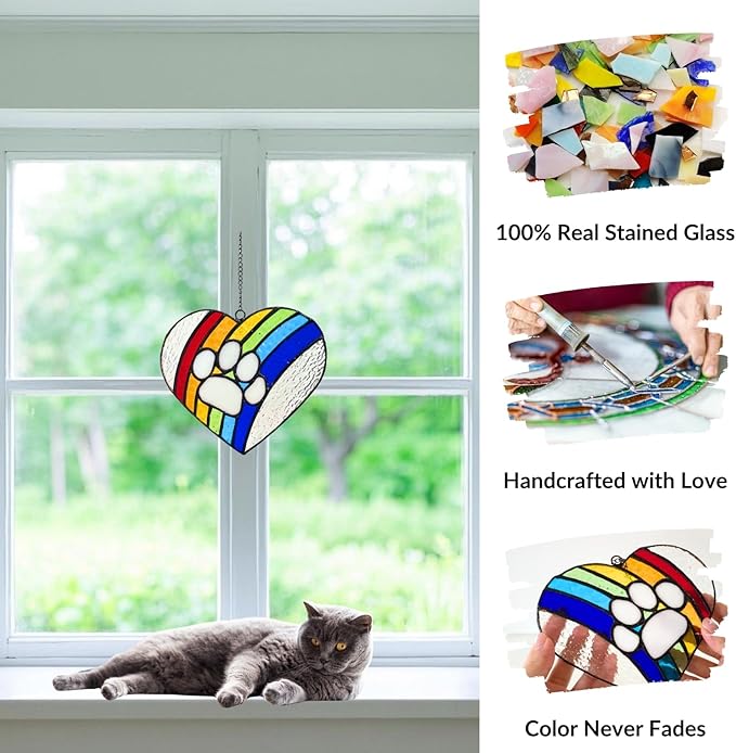 LASTINGTAILS Stained Glass Rainbow Bridge Dog Memorial Gifts for Loss of Dog, Heart Paw Print Suncatcher Loss of Dog Sympathy Gift, Dog Passing Away Gifts, Pet Remembrance for pet Lovers