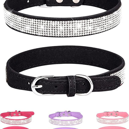 Dog Collar for Medium Dogs, Adjustable Leather Suede Bling Dog Collars，Black Dog Collar Cat Collar, Rhinestone Dog Collar (M, Black)