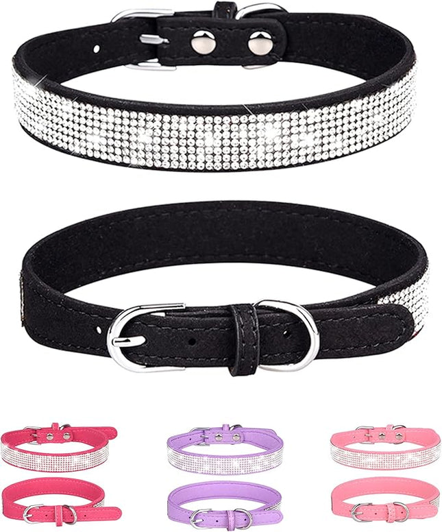 Dog Collar for Large Dogs, Adjustable Leather Suede Bling Dog Collars，Black Dog Collar Cat Collar, Rhinestone Dog Collar (L, Black)