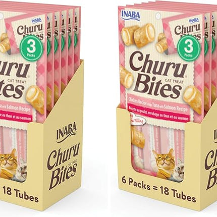 INABA Churu Bites for Cats, Soft Baked Chicken Churu Filled Cat Treats with Green Tea Extract, 0.35 Ounces Each Tube, 18 Tubes Total (3 per Pack), Tuna with Salmon Recipe (Pack of 2)