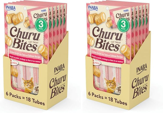 INABA Churu Bites for Cats, Soft Baked Chicken Churu Filled Cat Treats with Green Tea Extract, 0.35 Ounces Each Tube, 18 Tubes Total (3 per Pack), Tuna with Salmon Recipe (Pack of 2)