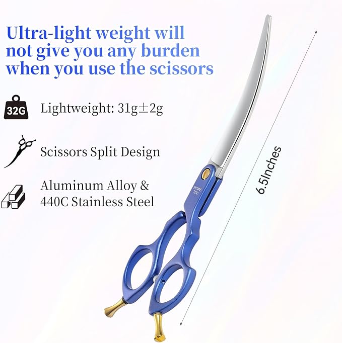 6.5'' Small Curved Dog Grooming Scissors Blue Professional Trimming Shears with Ultra-Lightweight Offset Handle CNC 440C Stainless Steel Blades Pet Scissors for Face and Paws