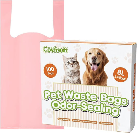 Odor-Sealing Dog Poop Bags with Handles, 100-Count Large Capacity (8L) Pet Waste Bag, Unscented Poop Bags for Dogs or Cat Litter, Conceals Smell & Mess(Pink)