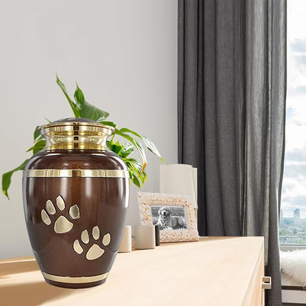 Trupoint Memorials Large Pet Urn for Dogs and Cats Ashes, Paws Print Brown Cremation Urns for Pets up to 122 lbs
