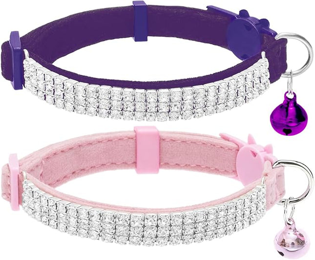 EXPAWLORER Soft Velvet Safe Cat Collars for Girl Cats -2 Pack Rhinestones Bling Diamante Adjustable Collars Breakaway- Chirstmas Cat Clollar Gifts with Bells for Boy Cats Kitty and Small Dogs