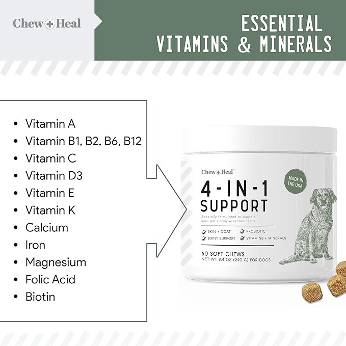All in 1 Dog Vitamins and Supplements, 240 Soft Chew Multivitamins with Glucosamine, Probiotics, Omega Fish Oil -for Skin, Coat, Hip, Joint & Gut Health -Senior & Puppy (2 Packs of 120)