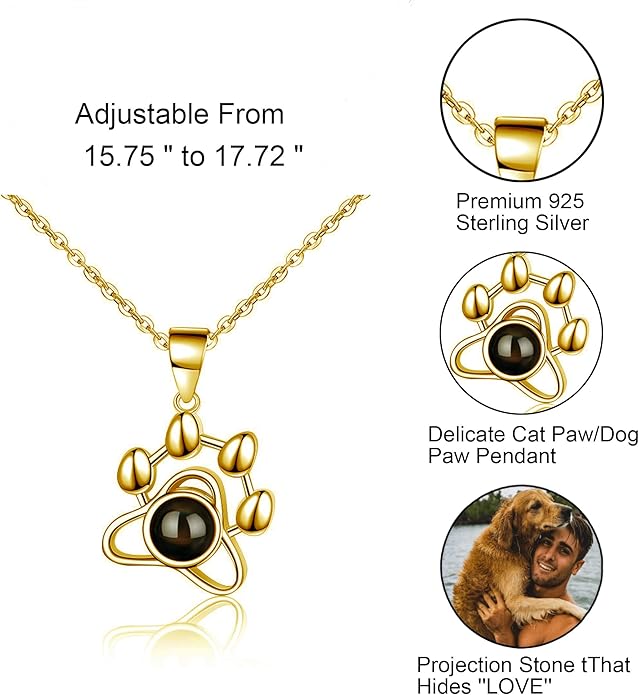 925 Sterling Silver Paw Print Necklace with Picture Inside–Personalized Memorial Necklace, Custom Photo Jewelry with Gift Box, Pet Jewelry Keepsake