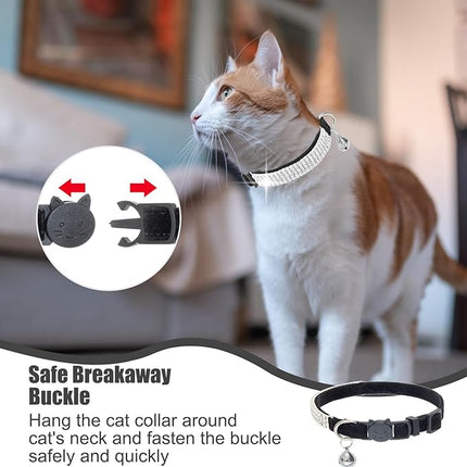 EXPAWLORER Soft Velvet Safe Cat Collars for Girl Cats - Rhinestones Adjustable Collars Breakaway- Chirstmas Cat Clollar Gifts with Bells for Boy Cats Kitty and Small Dogs(XS,Black)