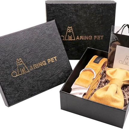 ARING PET Bowtie Dog Collar-Velvet Dog Collars with Detachable Bowtie, Adorable&Soft Yellow Dog Collar.