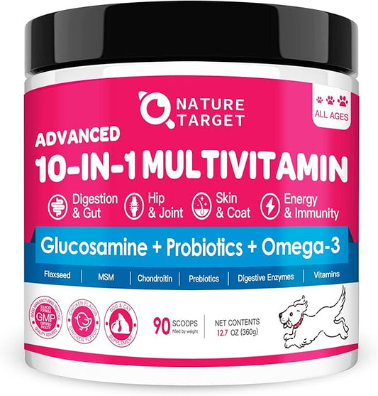 NATURE TARGET Dog Vitamins Powder, Probiotics & Digestive Enzymes for Gut Health, Glucosamine & Chondroitin & Omega 3, Complete Supplement for Homemade Dog Food, Joint & Skin & Immune Support