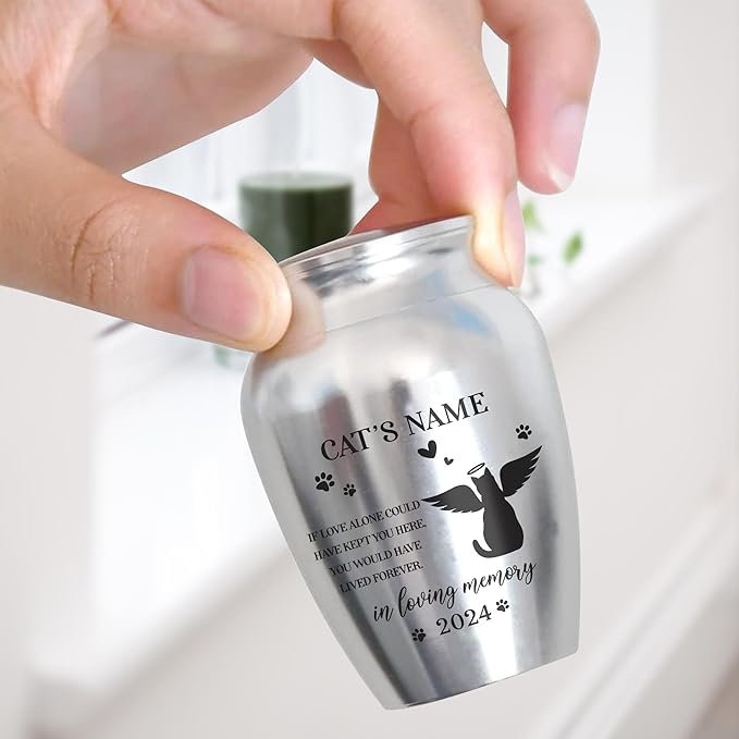 Artsy Woodsy Personalized Pet Memorial Cat Mini Urns - Stainless Steel Decorative Keepsake Urns for Ashes 2.56x1.77 inch - Gifts for Cat Mom Dad Lovers Accessories in Loving Memory Loss (02)