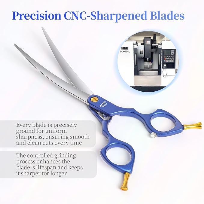 6.5'' Small Curved Dog Grooming Scissors Blue Professional Trimming Shears with Ultra-Lightweight Offset Handle CNC 440C Stainless Steel Blades Pet Scissors for Face and Paws