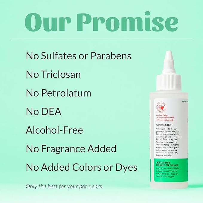 SKOUT'S HONOR Probiotic Dog Ear Cleaner Solution with Aloe Vera - Alcohol-Free, Fragrance-Free, Non-Medicated Ear Wash for Dogs - Microbione Friendly Certified, 4 oz.,