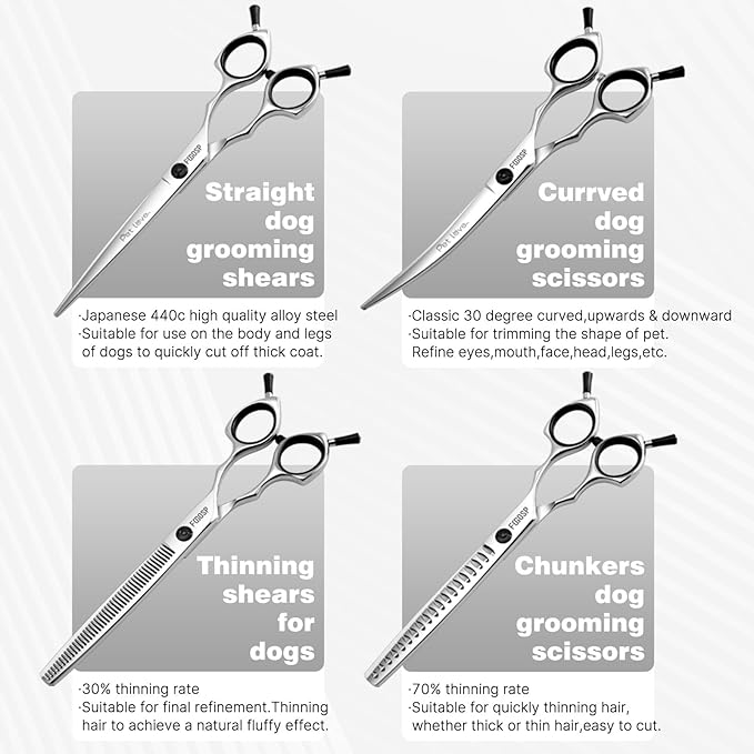 Dog Grooming Scissors Kit 7.5 in Professional Curved Thinning Straight Chunker Shears Grooming Big Dogs Poodle Pet Japan 440C Stainless Steel(7.5'',Kit)