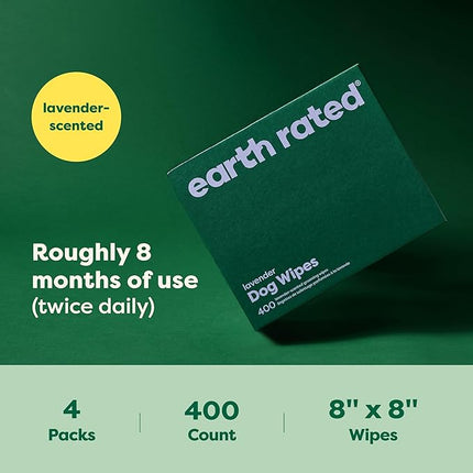 Earth Rated Dog Wipes, Hypoallergenic, Cleaning and Hydrating, for Grooming Paws, Body and Butt, Lavender Scented, 400 Count