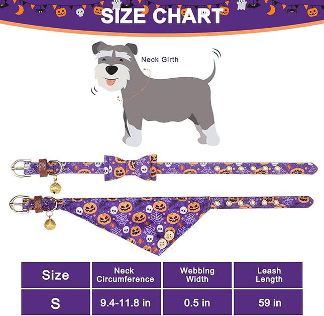 EXPAWLORER Halloween Dog Collar and Leash Set - Dog Bow Tie and Dog Bandana Collar with Bell, Dog Leash Tangle Free, Adjustable Collars for Small Medium Large Dogs Cats, Holiday Ideal Gift for Pets