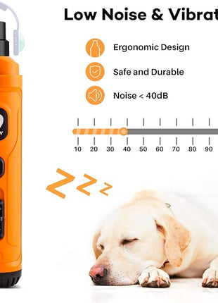 Casfuy Dog Nail Grinder with 2 LED Light - New Version 2-Speed Powerful Electric Pet Nail Trimmer Professional Quiet Painless Paws Grooming & Smoothing for Small Medium Large Dogs and Cats (Orange)