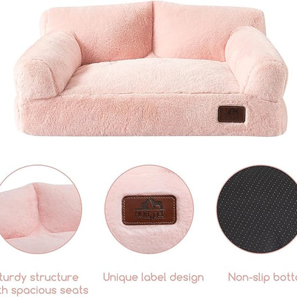 Hollypet Fluffy Plush Pet Cat Couch Soft Calming Pet Sofa Beds for Medium Small Cats and Dogs, Pink