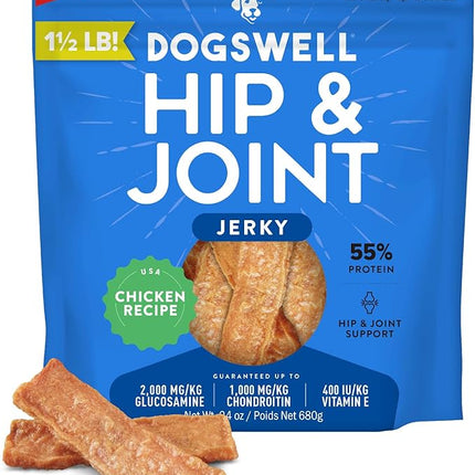 Dogswell Jerky Hip and Joint Dog Treats Grain Free Made in USA Only, Glucosamine and Chondroitin, 24 oz Chicken
