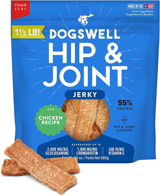 Dogswell Jerky Hip and Joint Dog Treats Grain Free Made in USA Only, Glucosamine and Chondroitin, 24 oz Chicken