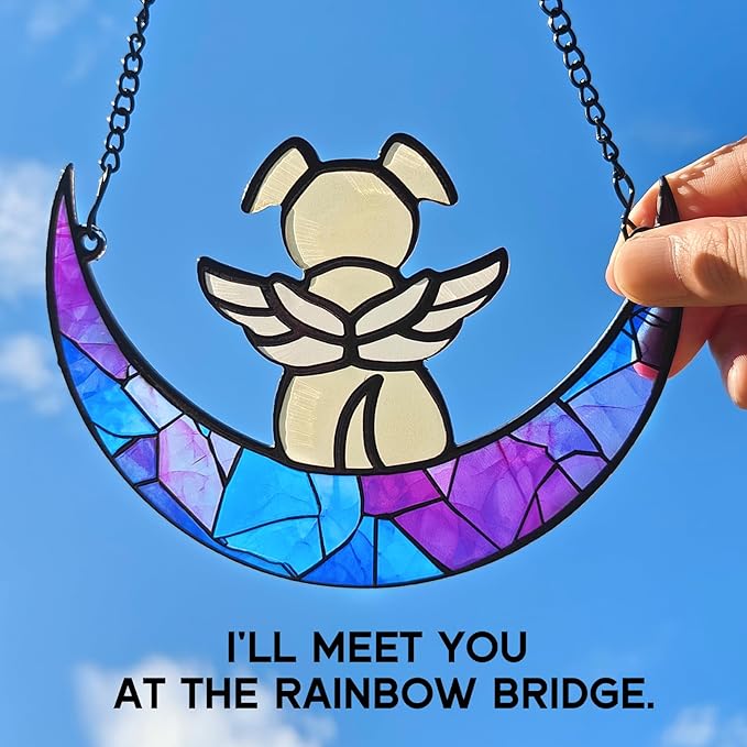 Stained Glass Angle Dog Memorial Suncatcher for Loss of Dog Sympathy Gifts, Dog Memorial Gifts with Sympathy Card, Dog Remembrance Gifts for Pet Lovers, Dog on Moon Ornaments for Window Hanging
