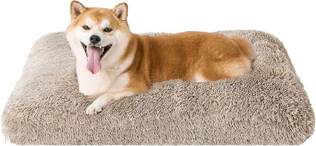 EHEYCIGA Fluffy Dog Crate Bed for Large Dogs, Plush Faux Fur Crate Pad, Calming Anti Anxiety Large Dog Bed, Washable Soft Warm Mat with Non-Slip Bottom, Taupe