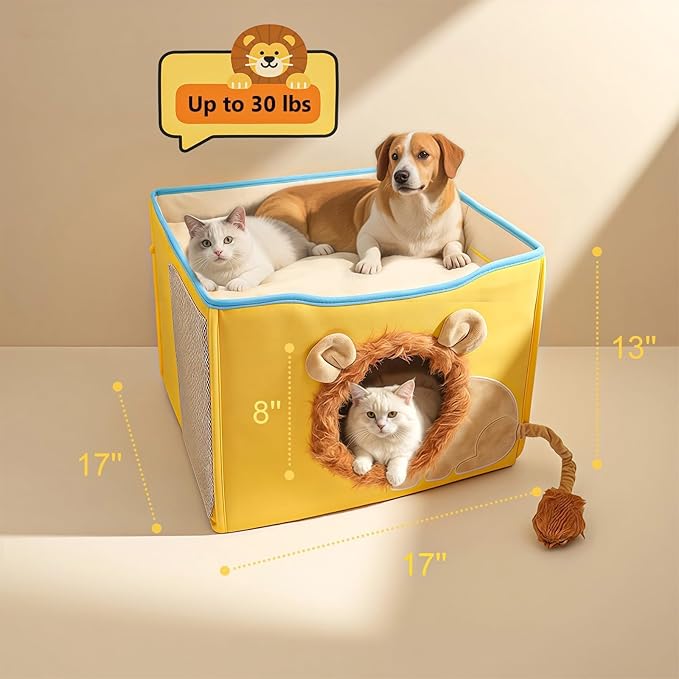 CWV Cat Houses for Indoor Cats, Cute Cat Cave Bed with Scratch Pad, Foldable Cat Cube for Multiple Large Cats, 17X17x13inch, Lion Design