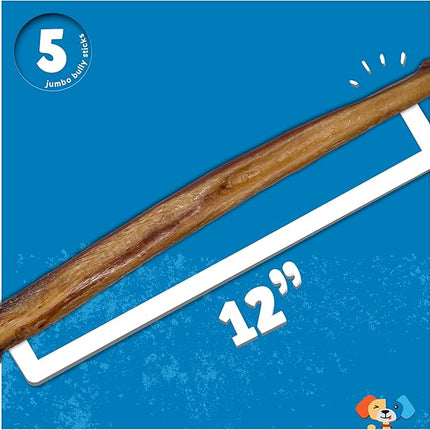 Jack&Pup 12 Inch Jumbo Bully Sticks for Dogs (5 Pack) Single Ingredient Dog Bully Sticks for Large Dogs and Aggressive Chewers