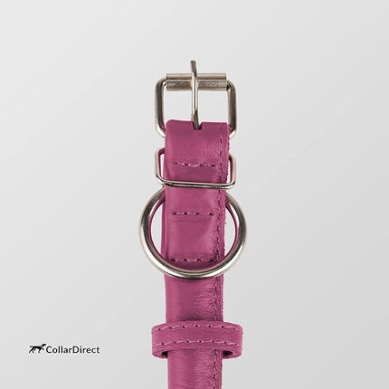 CollarDirect Rolled Leather Dog Collar, Soft Padded Round Puppy Collar, Handmade Genuine Leather Collar Dog Small Large Cat Collars 13 Colors (11-14 Inch, Pink Textured)