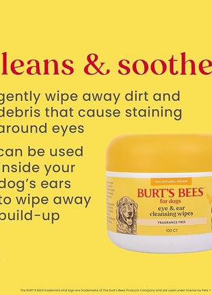 Burt's Bees for Pets Eye & Ear Cleansing Wipes for Dogs, Fragrance-Free, 98% Natural Origin Formulas, Gentle Spot Cleaning Sheets for Dog Eyes and Ears, 100 Count