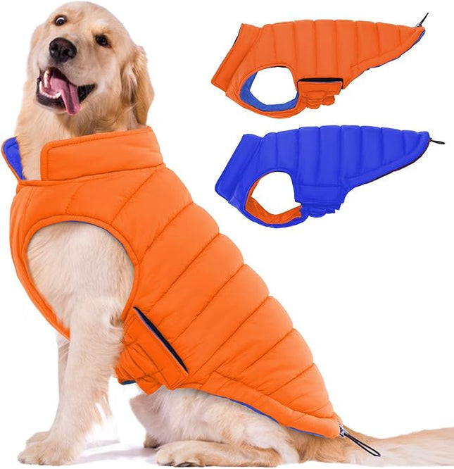 Lelepet Reversible Dog Coat Waterproof Dog Jacket Windproof Puffer Vest for Winter Warm Lightweight Coats for Large Dogs Adjustbale Hook & Loop Pet Apparel with Leash Hole, Golden Retriever, 3XL