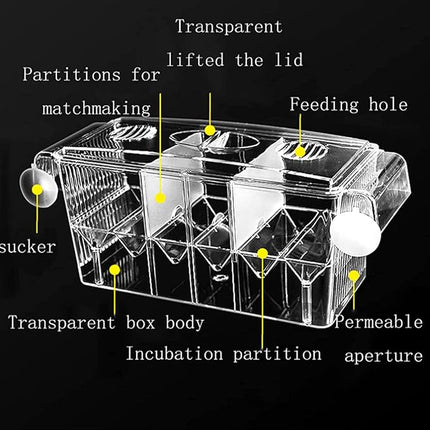 Tfwadmx Fish Breeding Box, 3 Rooms HD Aquarium Breeder Box with Suction Cups Hatchery Acrylic Fish Incubator Isolation with Artificial Plant for Guppy Hatchery
