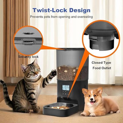 Automatic Cat Feeder, Cat Food Dispenser with 10s Voice Recorder, Pet Feeder up to 8 Meals per Day, Timed Feeder with Dry Food Sealed Ring (Black, 6L)