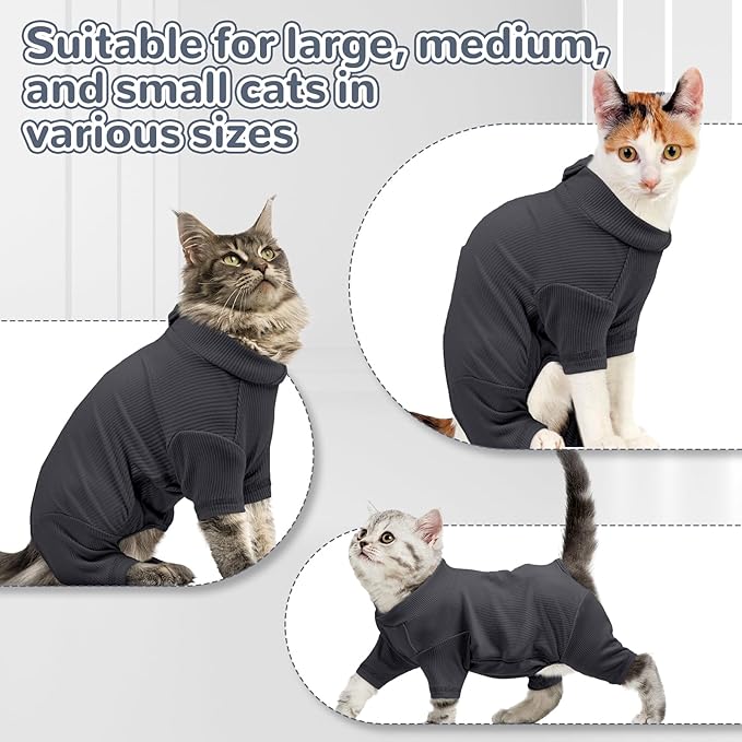 Sticky Hair Cat Clothes, Breathable & Lightweight, Reduces Shedding Fur Pajamas, Full Body Long Sleeve Surgical Bodysuit, Stop Licking & Shedding,Darkgrey,M