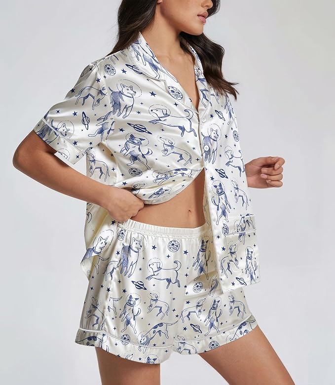 Women’s Silk Satin Pajama Set, Short Sleeve Button Down 2 Piece PJs with Shorts, Cozy Loungewear & Matching Holiday Pajamas