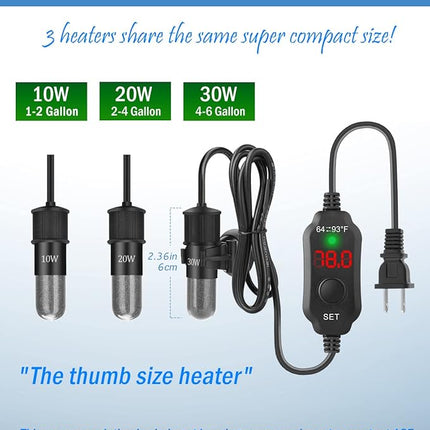 AquaMiracle Adjustable 20W Small Aquarium Heater Submersible Fish Tank Heater Betta Heater Turtle Heater Super Mini Aquarium Heater with Digital Display Thermostat, for 2-4 Gallon Tanks