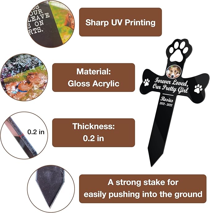 Personalized Pet Memorial Garden Stake Dog Paw Photo Grave Marker Cross Outdoor for Loss of Dogs and Cats Pet Remembrance Gifts Custom Plaque Stake Grief Funeral In Loving Memory Animal Cross
