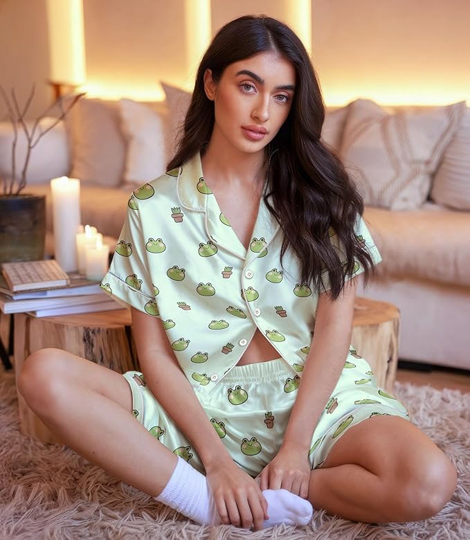 Women’s Silk Satin Pajama Set, Short Sleeve Button Down 2 Piece PJs with Shorts, Cozy Loungewear & Matching Holiday Pajamas