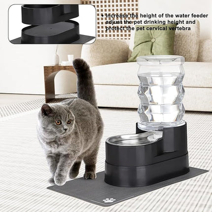 RIZZARI Automatic Cat Water Dispenser: Black 7L Elevated - Stainless Steel Gravity Feeder with Specialized Brush and Triple Filtration - Splash Guard Mat - Use in Bedroom and Livingroom