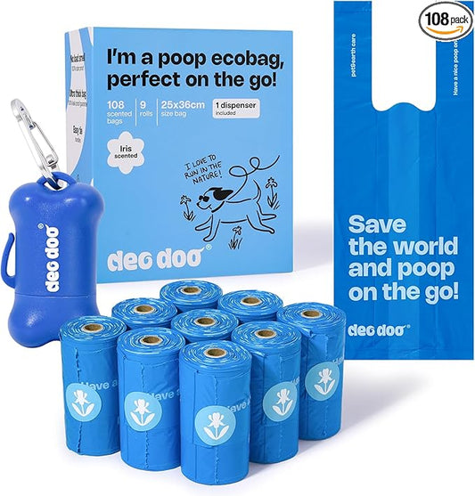 Dog Poop Bags with Handles 9 Rolls 108 Counts Big Sizes Leak Proof and Extra Thick Waste Bags Refill Rolls for Walking Small Medium Large Dogs Cats Litter With Holder Iris Scented