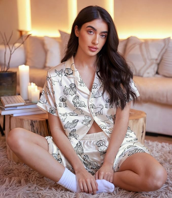 Women’s Silk Satin Pajama Set, Short Sleeve Button Down 2 Piece PJs with Shorts, Cozy Loungewear & Matching Holiday Pajamas