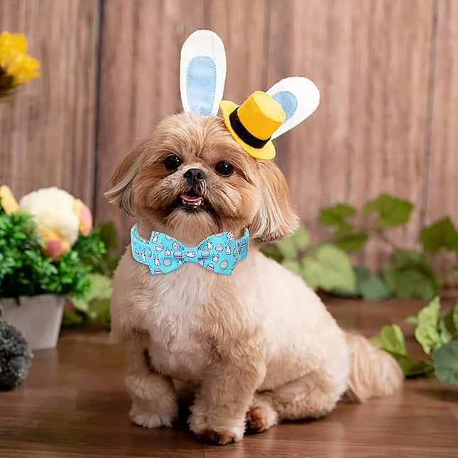 Easter Dog Collar with Bow Tie - Adjustable Easter Bunny Eggs Dog Collar Blue Rabbit Bowtie Metal Buckle Puppy Collars for Small Medium Large Dogs S