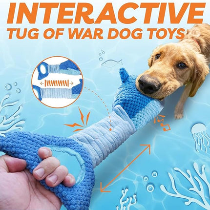 LEGEND SANDY Dog Toys for Aggressive Chewers, Large Dog Toys to Keep Them Busy, Interactive Squeaky Pet Toys, Tug of War, Crinkle Blue Shark (Blue)