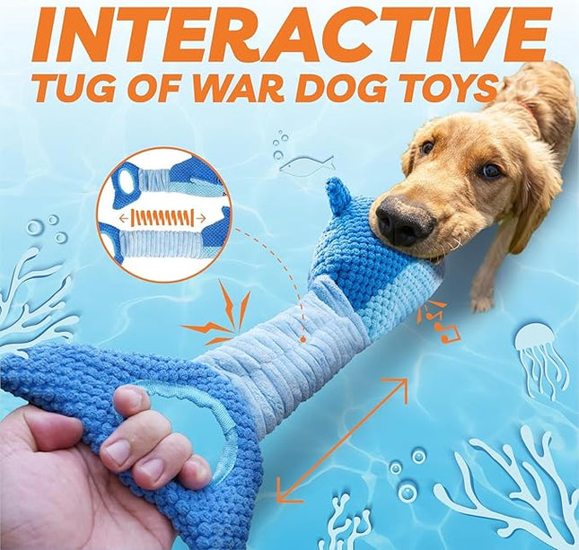 LEGEND SANDY Dog Toys for Aggressive Chewers, Large Dog Toys to Keep Them Busy, Interactive Squeaky Pet Toys, Tug of War, Crinkle Blue Shark (Blue)