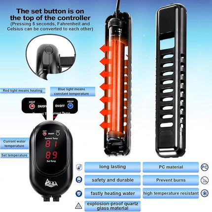 AQQA Submersible Aquarium Heater,100W/200W/300W/500W/800W/1000W/1200W Fish Tank Heater,External Temperature Controller LED Temperature Display,Suitable for Saltwater and Freshwater(200W)