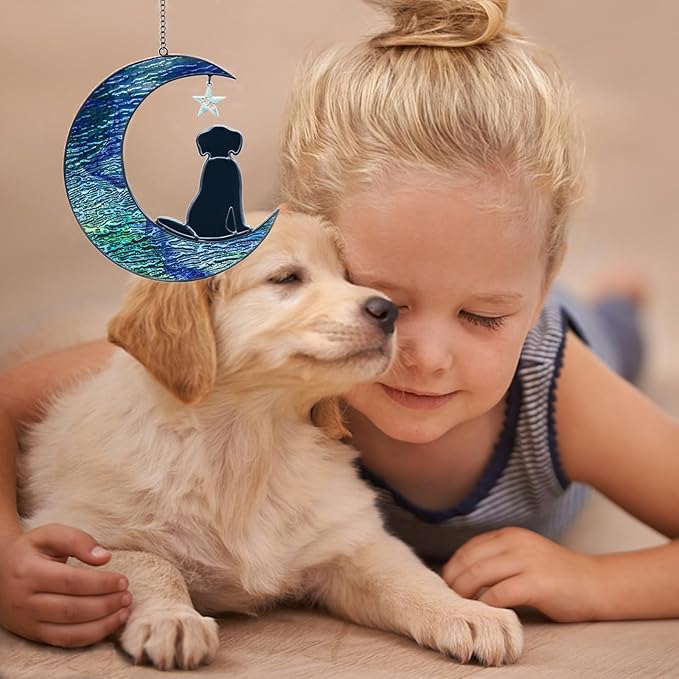 Stained Glass Dog Decor Moon Window Hanging Suncatcher Pet Memorial Present Sympathy Gift for Dog Lovers