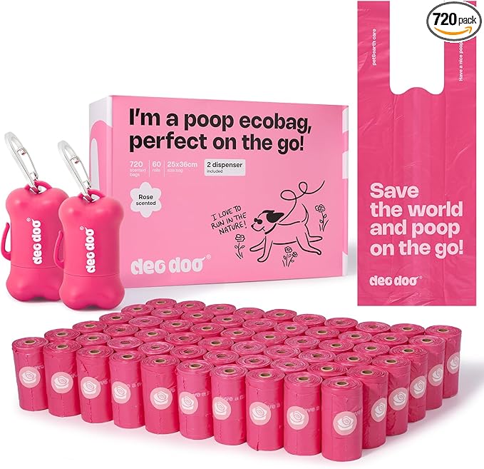 Dog Poop Bags with Handles 60 Rolls 720 Counts Big Sizes Leak Proof and Extra Thick Waste Bags Refill Rolls for Walking Small Medium Large Dogs Cats Litter With 2 Dispensers Rose Scented