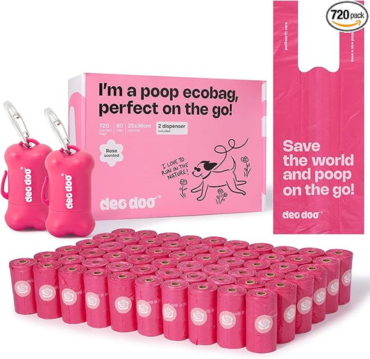 Dog Poop Bags with Handles 60 Rolls 720 Counts Big Sizes Leak Proof and Extra Thick Waste Bags Refill Rolls for Walking Small Medium Large Dogs Cats Litter With 2 Dispensers Rose Scented